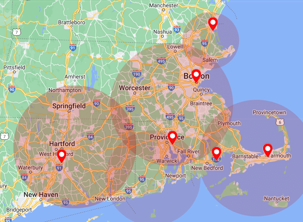 alarm new england service area map with pins in boston ma hartford ct providence ri, cape cod ma mattapoisett ma and newburyport ma