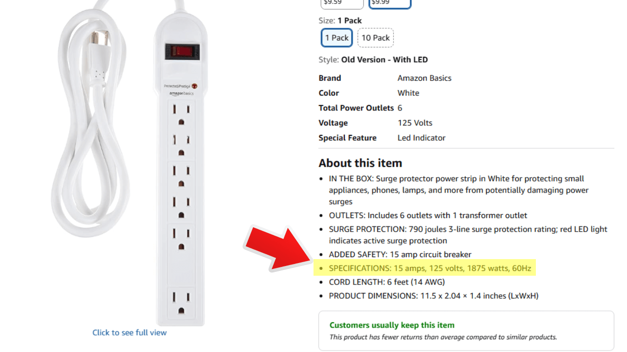 product specifications for amazon power strip