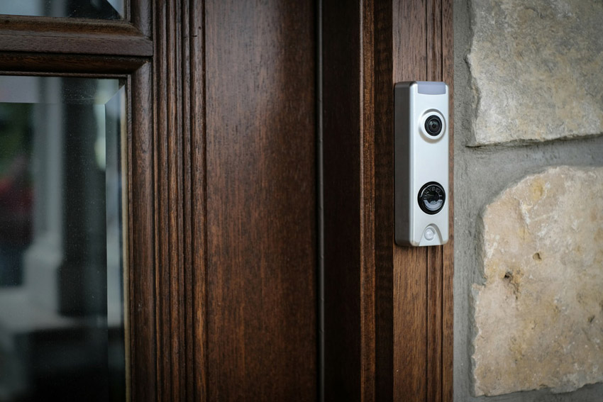 skybell doorbell camera on wooden doorframe